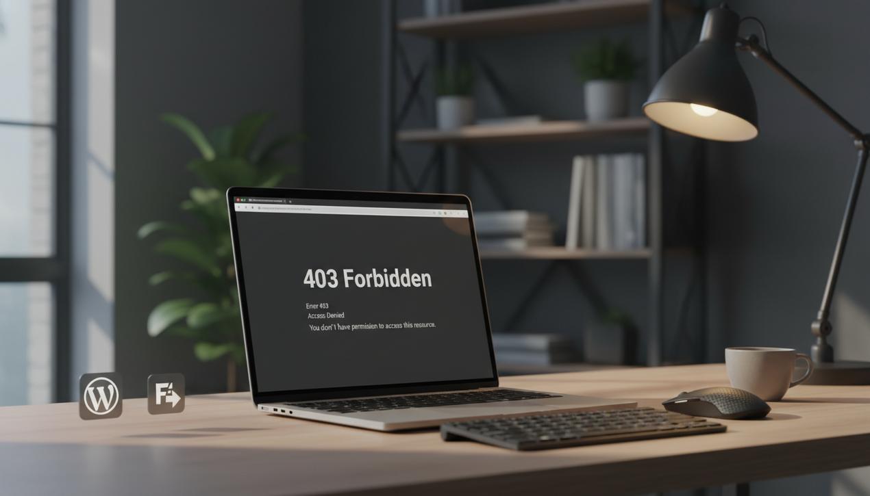 Un ordinateur en bureau moderne affiche l erreur 403 forbidden avec icônes WordPress et FileZilla, ambiance lumineuse naturelle douce.
