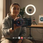 Un créateur de contenu filme avec un smartphone en 2025 dans un studio élégant avec lumière naturelle et accessoires vidéo professionnels.