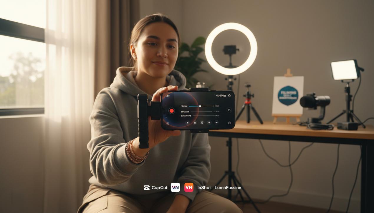 Un créateur de contenu filme avec un smartphone en 2025 dans un studio élégant avec lumière naturelle et accessoires vidéo professionnels.