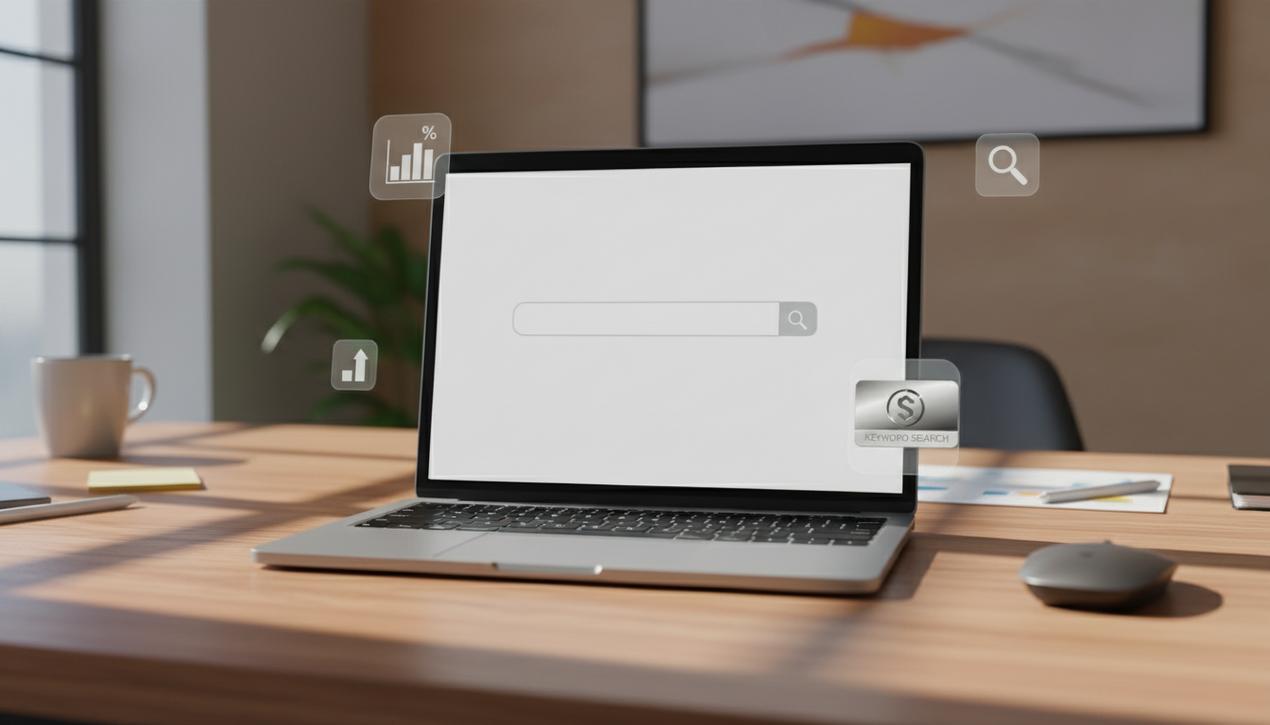 Bureau moderne en 2025 avec ordinateur portable affichant une barre de recherche vide, symbolisant outil recherche indisponible, ambiance lumineuse naturelle.