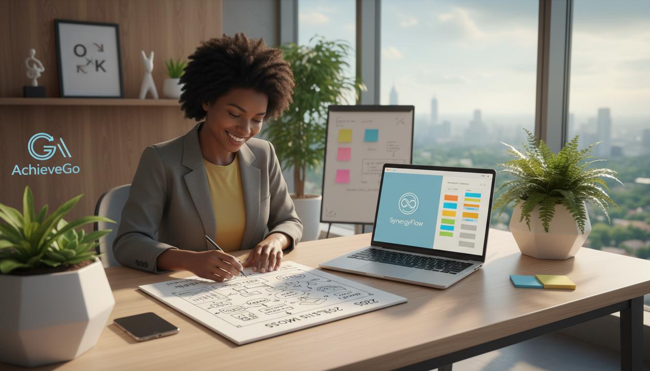 Un espace de travail lumineux avec une personne définissant ses objectifs professionnels en 2025 pour réussir sa carrière avec stratégie et méthode.