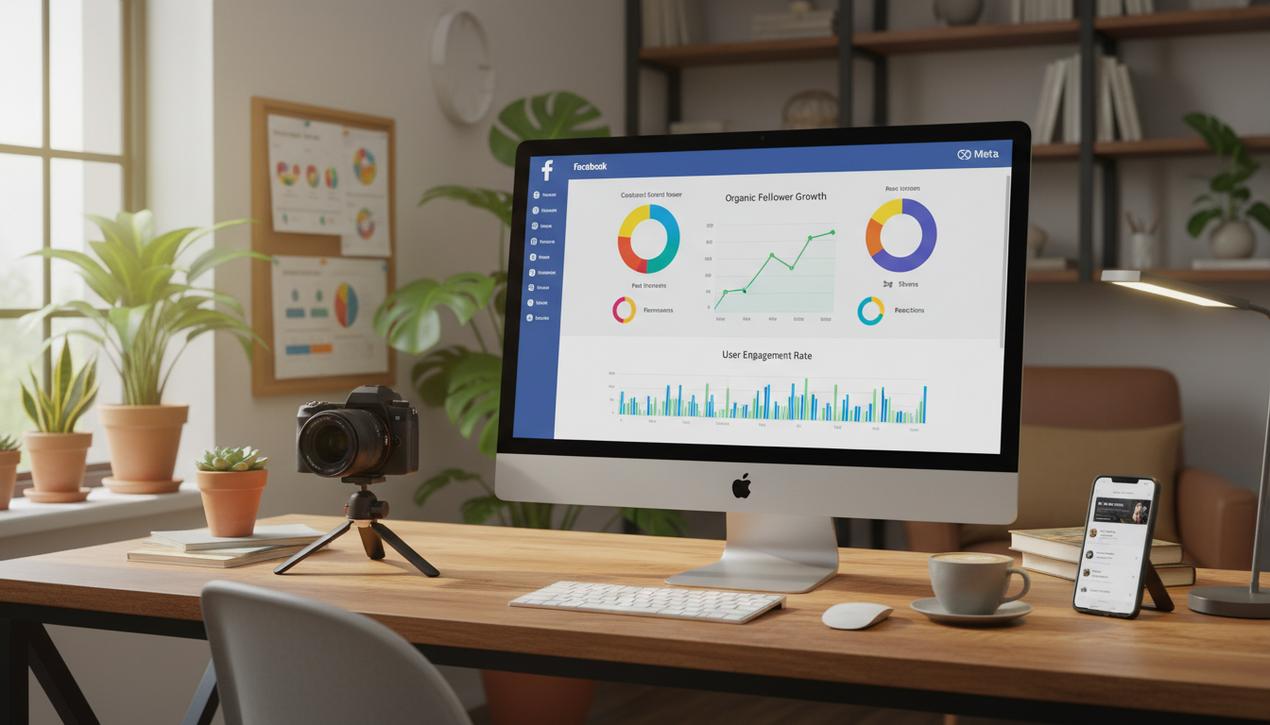 Bureau moderne avec ordinateur montrant statistiques de croissance Facebook et logos Meta Business Suite et Facebook pour stratégie authentique.