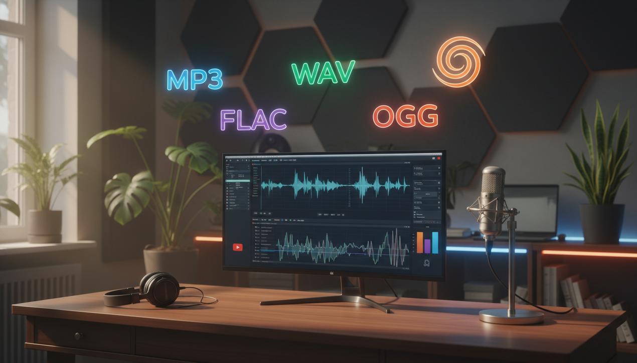 Photo d'un studio sonore moderne avec les icônes des formats audio MP3, WAV, AAC, FLAC, WMA, et OGG éclairées en hologramme au-dessus d'un bureau en bois avec équipement professionnel.