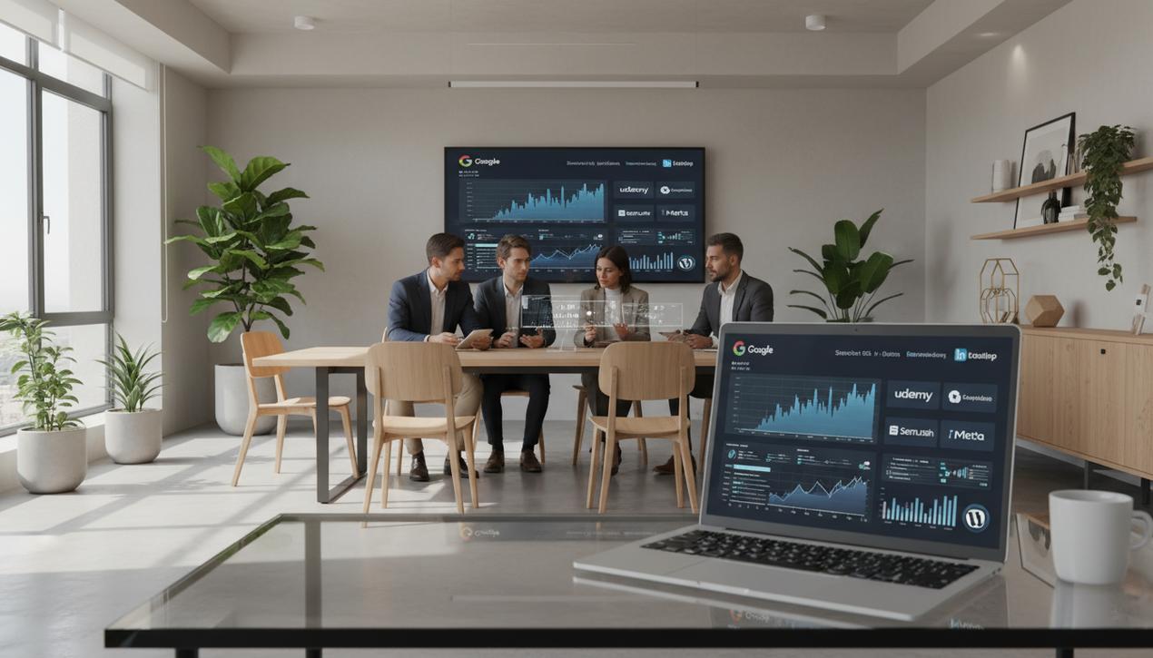 Espace de travail moderne en marketing digital avec écrans affichant données SEO, logos des outils majeurs et collaboration entre professionnels divers.