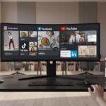 Espace de travail marketing vidéo social media en 2025 avec écran illustrant les formats vidéo clés et logos des réseaux sociaux.