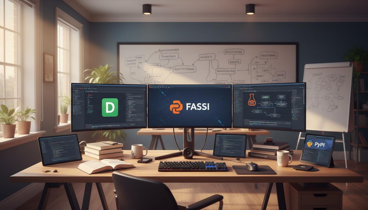 Espace de travail moderne mettant en avant les frameworks Python populaires en 2025 avec plusieurs écrans et logos dans une ambiance professionnelle et lumineuse.