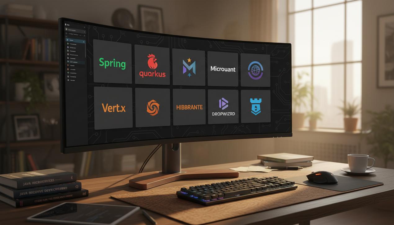 Espace de travail moderne avec ordinateur affichant les logos des principaux frameworks Java en 2025 dans une ambiance lumineuse chaleureuse et professionnelle.