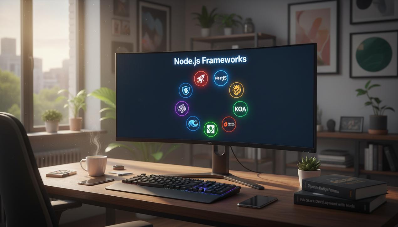 Espace de travail moderne avec écran affichant logos des principaux frameworks Nodejs de 2025 dans une ambiance lumineuse chaleureuse et décor authentique.