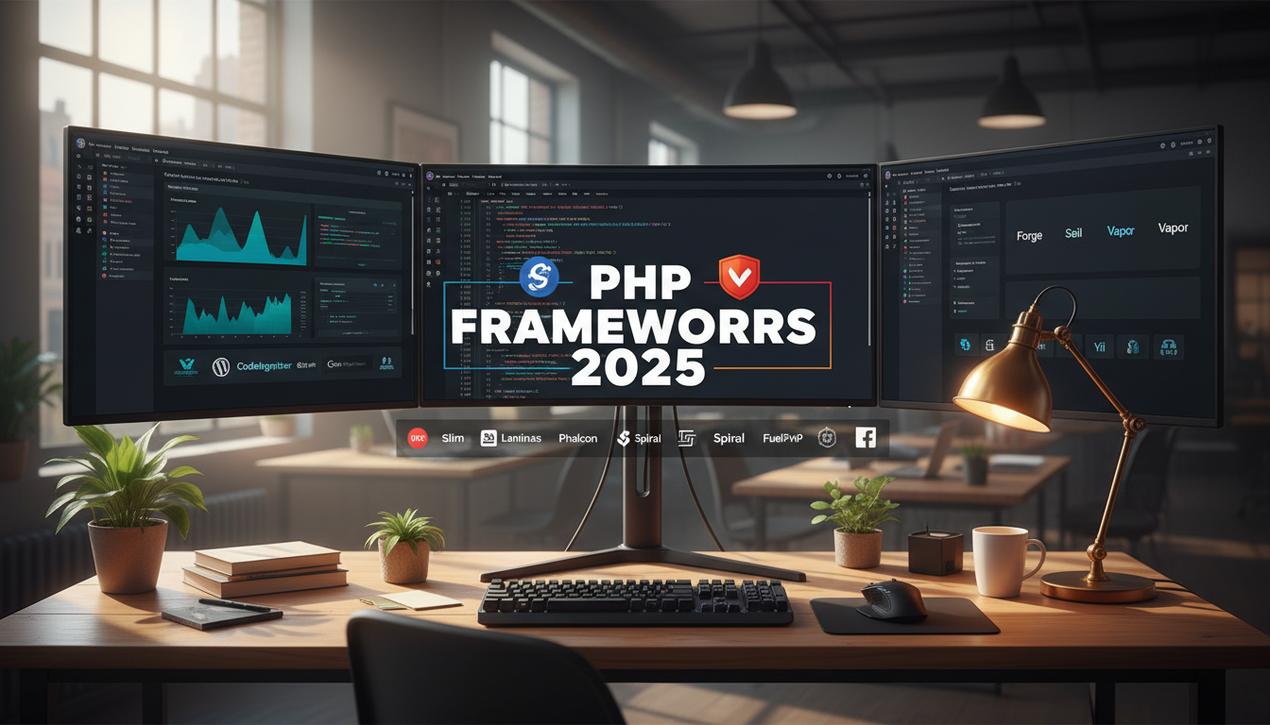 Bureau professionnel moderne avec plusieurs écrans affichant les interfaces et logos des principaux frameworks PHP en 2025 dans un environnement lumineux et chaleureux.