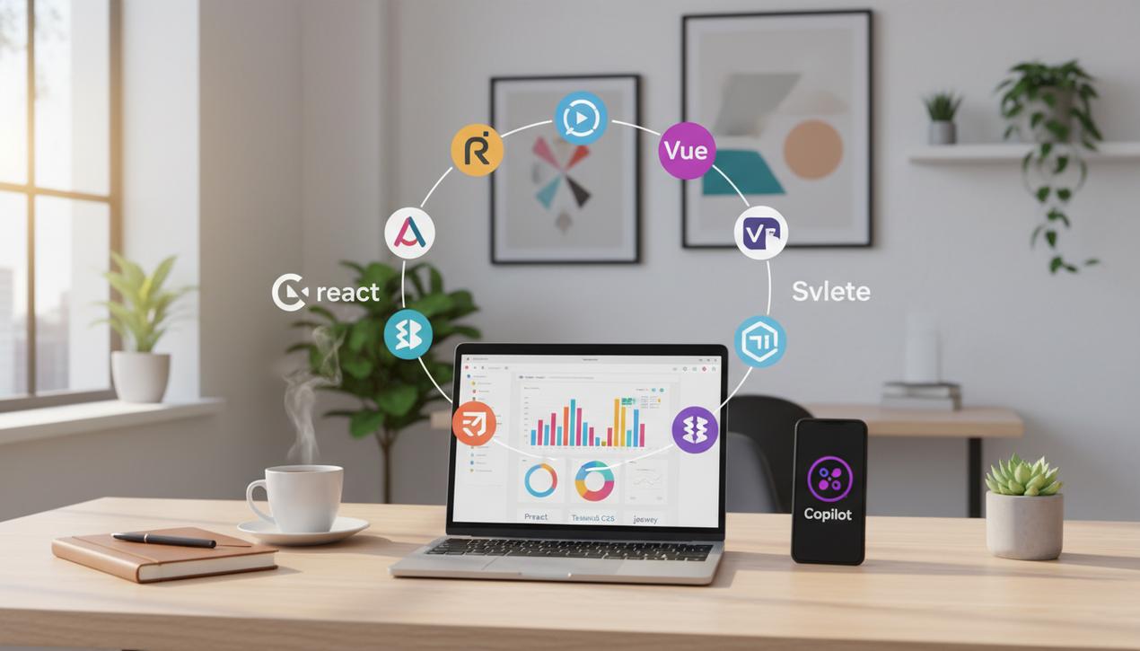 Espace de travail moderne mettant en valeur les meilleurs frameworks front-end 2025 avec logos sur un bureau lumineux et épuré.
