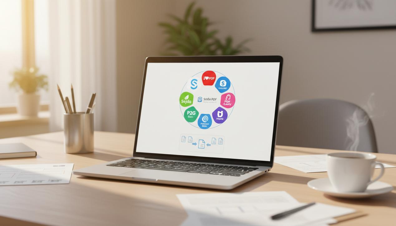 Bureau moderne avec ordinateur affichant les logos des meilleurs outils gratuits pour fusionner des fichiers PDF en 2025 dans un environnement lumineux et professionnel.