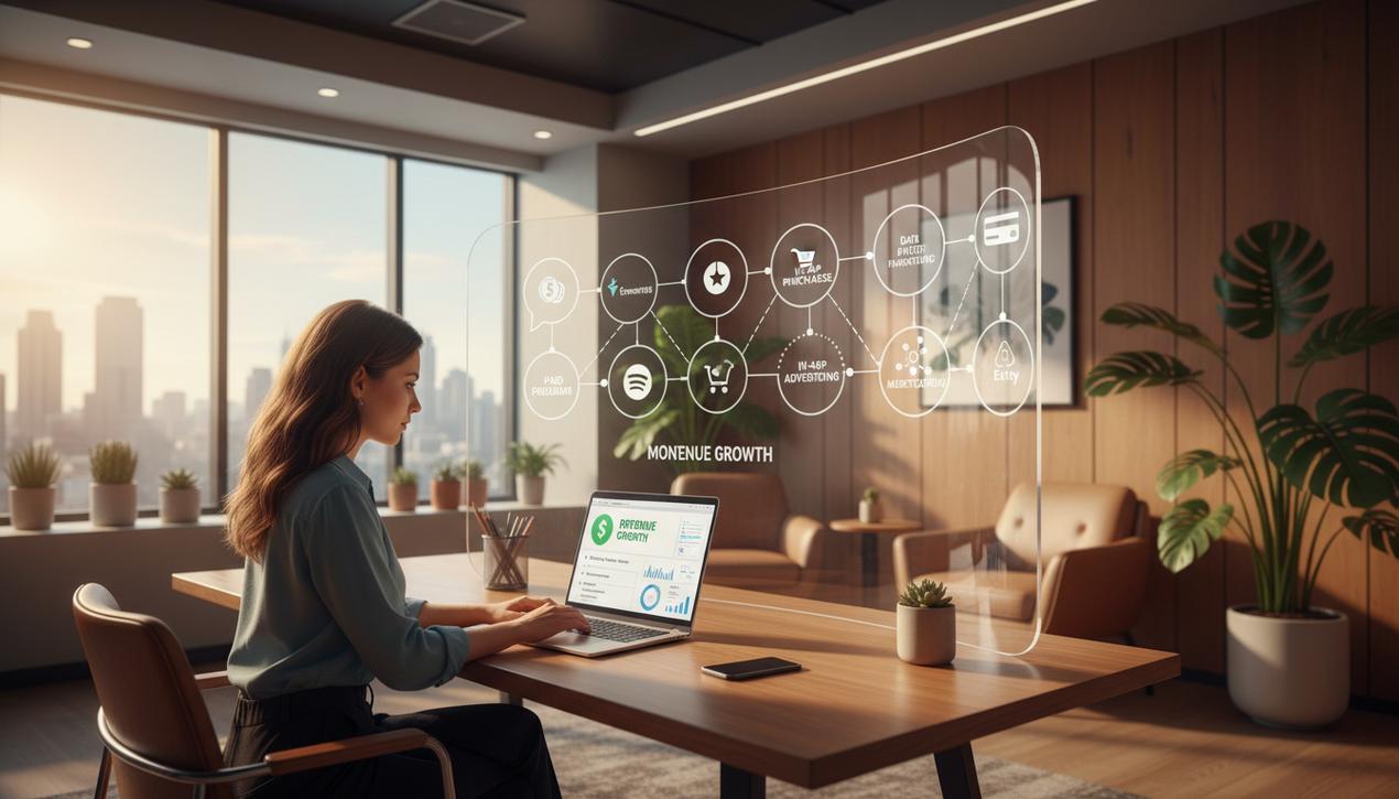 Scène d'un développeur d'application montrant différentes stratégies de monétisation avec logos célèbres dans un bureau moderne lumineux en 2025