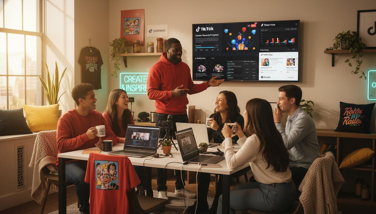 Groupe de créateurs de contenu utilisant TikTok en studio moderne avec logos TikTok Shop, Patreon et Shopify visibles.