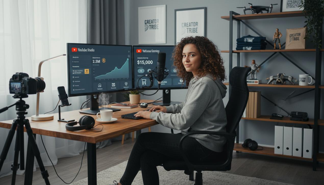 Créateur de contenu concentré dans un bureau moderne avec ordinateurs affichant les outils de monétisation YouTube 2025 et du merchandising autour.