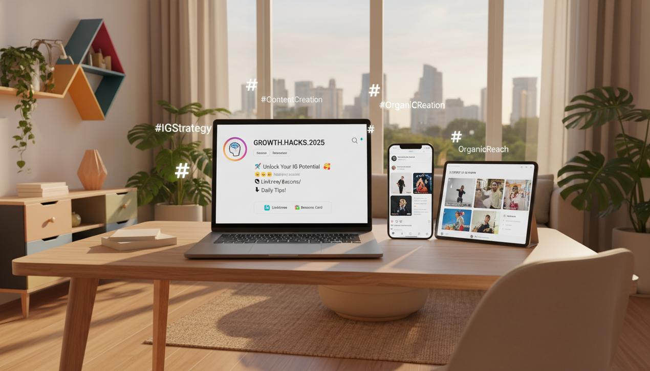 Personne dans un espace de travail moderne optimisant un profil Instagram en 2025 avec outils Linktree, Reels et stratégie hashtags visibles