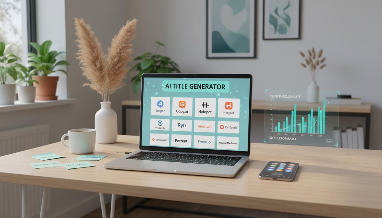 Un espace de travail moderne avec ordinateur affichant des générateurs de titres IA, ambiance lumineuse naturelle et décor minimaliste pour contenu web 2025.