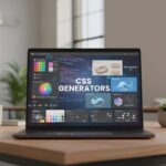 Un bureau moderne lumineux avec un ordinateur portable affichant les interfaces colorées des meilleurs générateurs CSS pour une création web rapide et efficace.