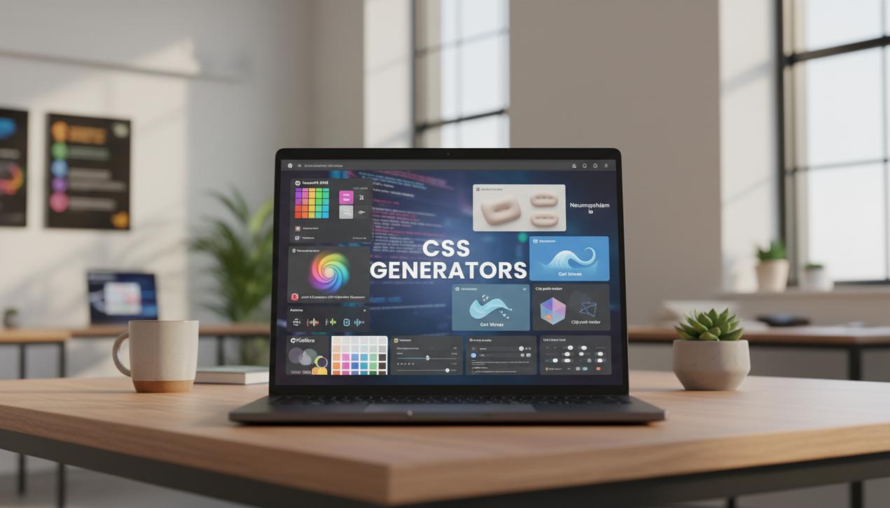 Un bureau moderne lumineux avec un ordinateur portable affichant les interfaces colorées des meilleurs générateurs CSS pour une création web rapide et efficace.
