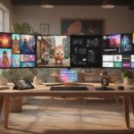 Espace de travail moderne avec plusieurs écrans affichant des images créées par des outils d'intelligence artificielle populaires en 2025 dans un studio lumineux et chaleureux