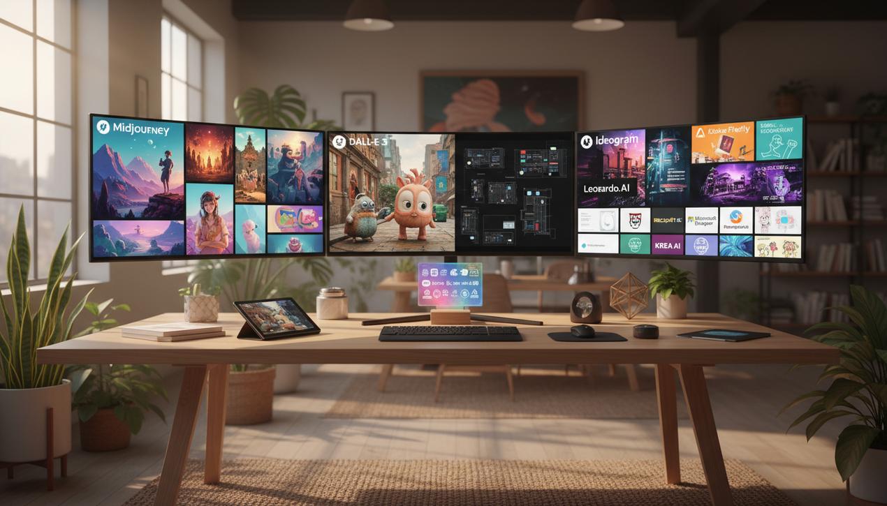 Espace de travail moderne avec plusieurs écrans affichant des images créées par des outils d'intelligence artificielle populaires en 2025 dans un studio lumineux et chaleureux