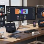 Bureau professionnel moderne avec écrans affichant divers mockups et logos d'outils de création 2025 dans un décor lumineux chaleureux.