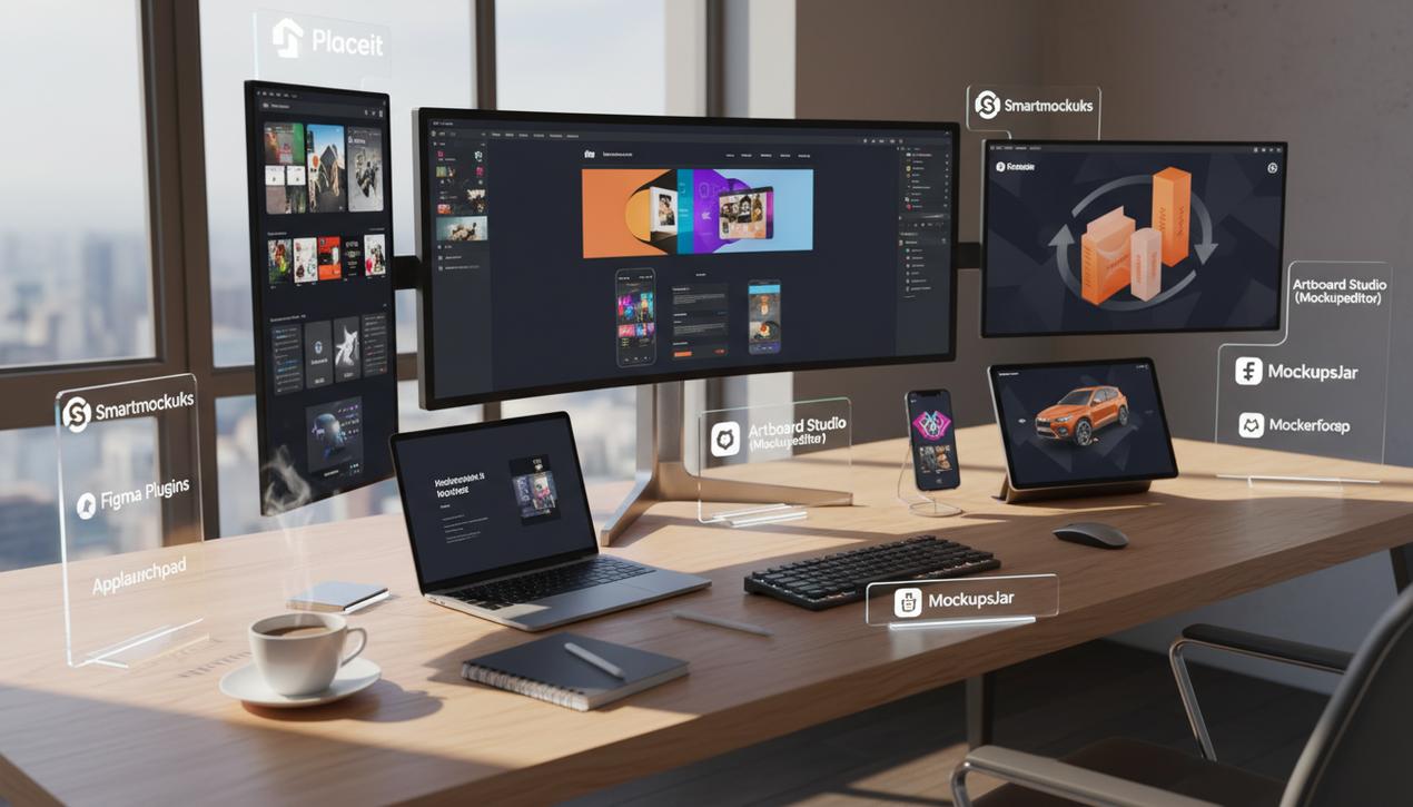 Bureau professionnel moderne avec écrans affichant divers mockups et logos d'outils de création 2025 dans un décor lumineux chaleureux.