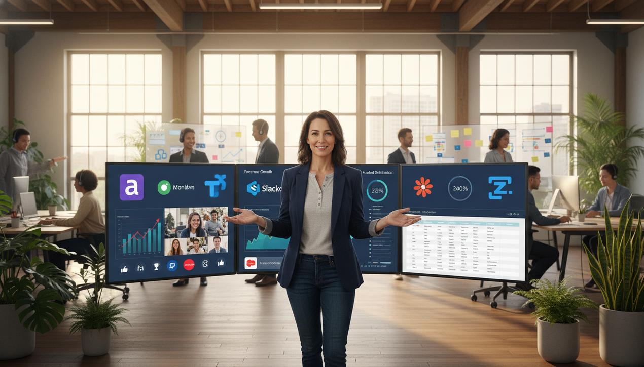 Dirigeant moderne en 2025 gérant une entreprise prospère avec outils numériques, équipe engagée, et management humain efficace.