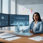 Professionnel de gestion de projet utilisant des outils numériques et intelligence artificielle pour piloter huit étapes clés en milieu de bureau moderne et lumineux.
