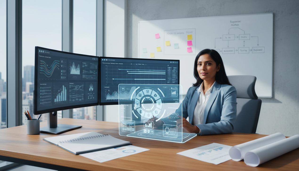 Professionnel de gestion de projet utilisant des outils numériques et intelligence artificielle pour piloter huit étapes clés en milieu de bureau moderne et lumineux.