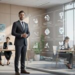 Scène d'entreprise en 2025 illustrant la gestion des douze principaux risques avec un tableau de bord digital et une équipe proactive