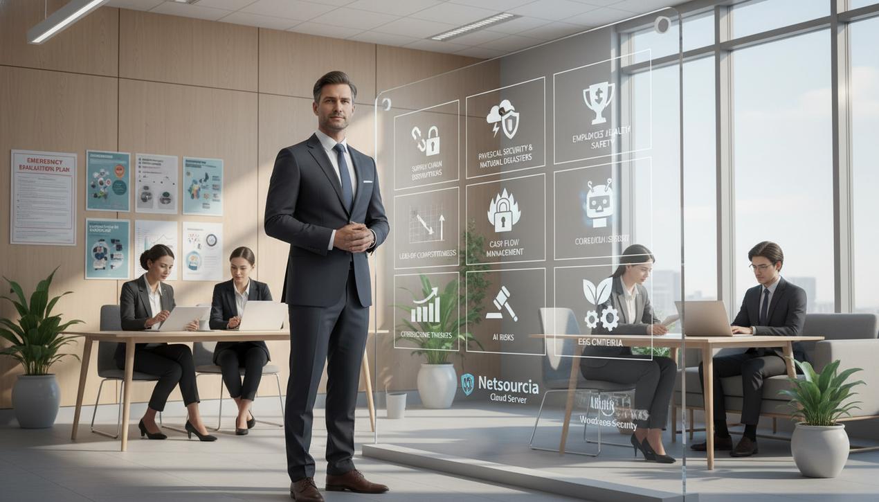 Scène d'entreprise en 2025 illustrant la gestion des douze principaux risques avec un tableau de bord digital et une équipe proactive