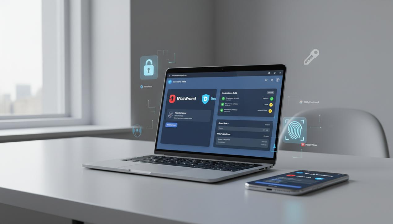 Espace de travail moderne avec laptop et smartphone affichant des gestionnaires de mots de passe 2025 et logos d'outils de sécurité numérique.