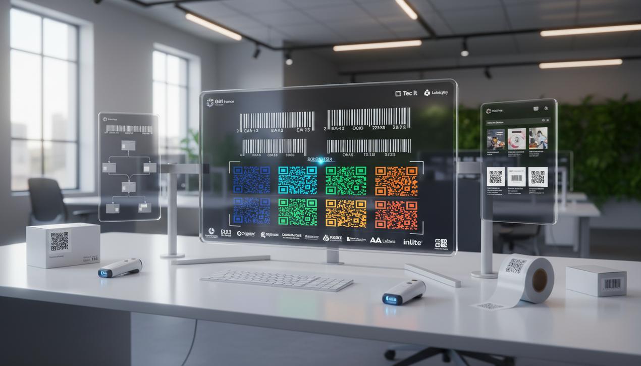 Un bureau moderne et lumineux présente des écrans affichant divers codes-barres tels que EAN-13, QR Code et Code 128, avec logos des outils populaires pour gestion et traçabilité en 2025.