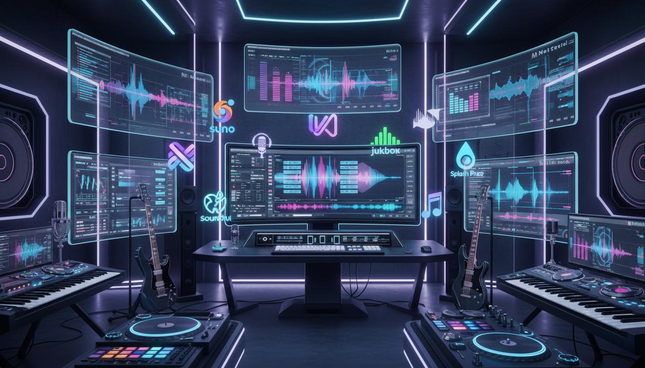 Studio high-tech en lumière bleue avec écrans et logos d outils IA de musique innovants en action