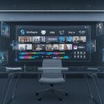 Bureau futuriste avec écran affichant générateurs de vidéo IA et logos des outils en lumière bleue et ambiance technologique.