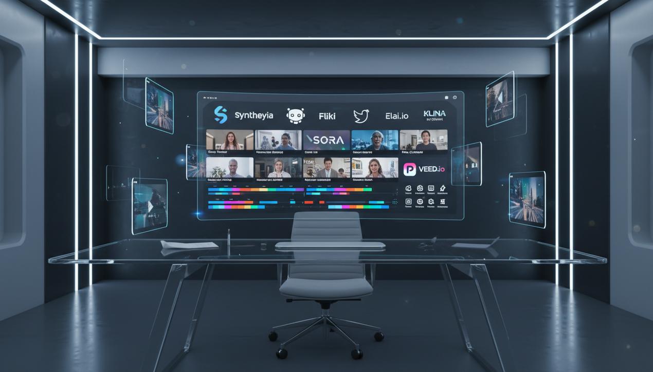 Bureau futuriste avec écran affichant générateurs de vidéo IA et logos des outils en lumière bleue et ambiance technologique.