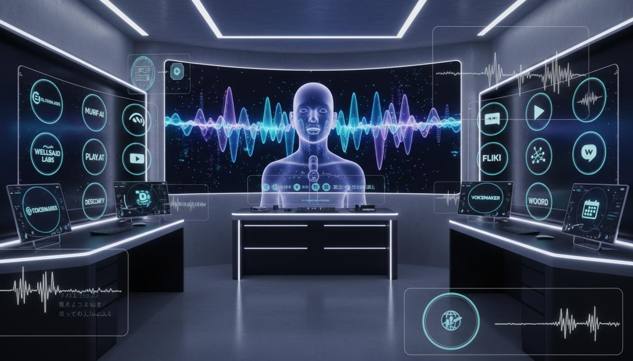 Scène d'un studio numérique futuriste en 2025 avec ondes sonores, silhouette humaine et logos des principaux générateurs de voix IA.