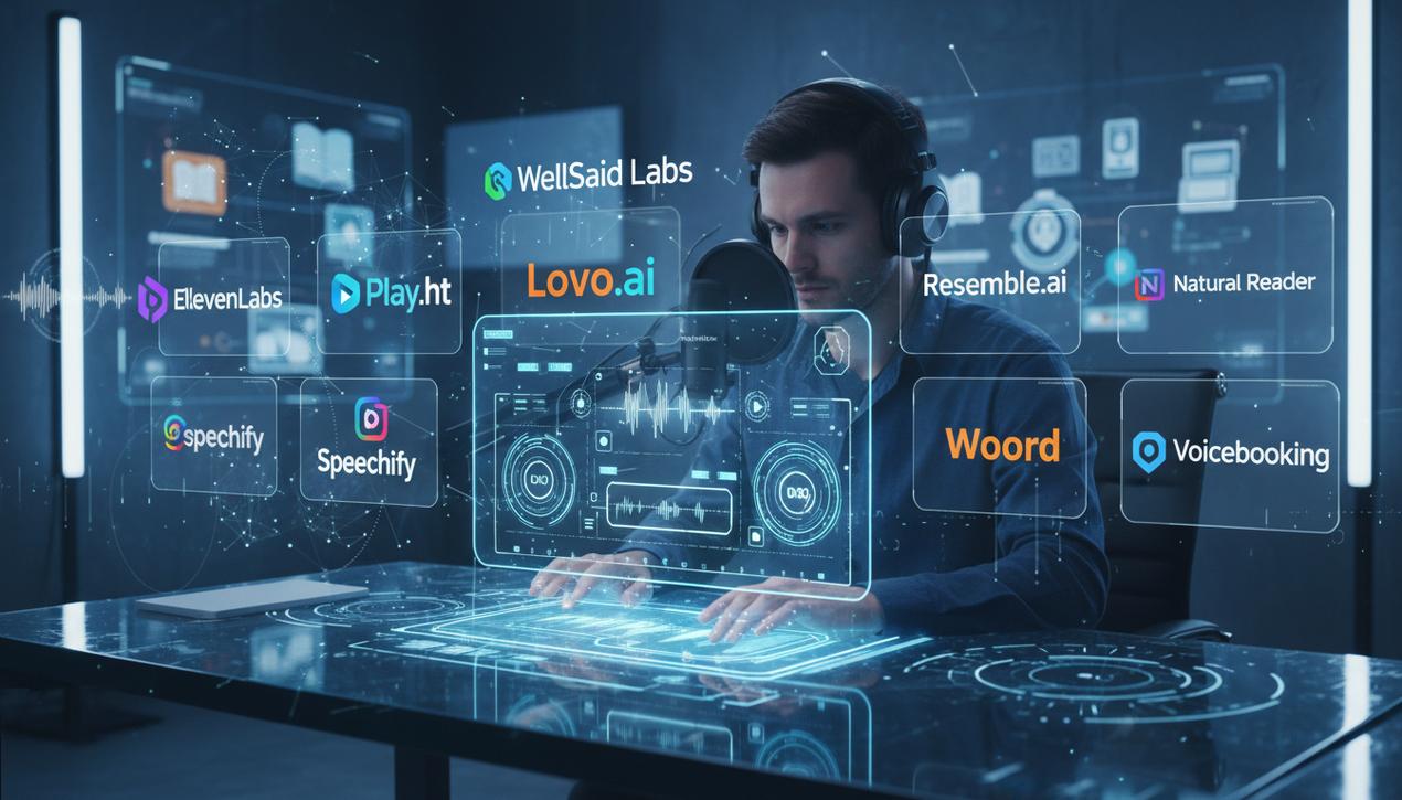 Espace de travail moderne en 2025 avec créateur de contenu utilisant des outils de génération de voix IA et logos colorés visibles.