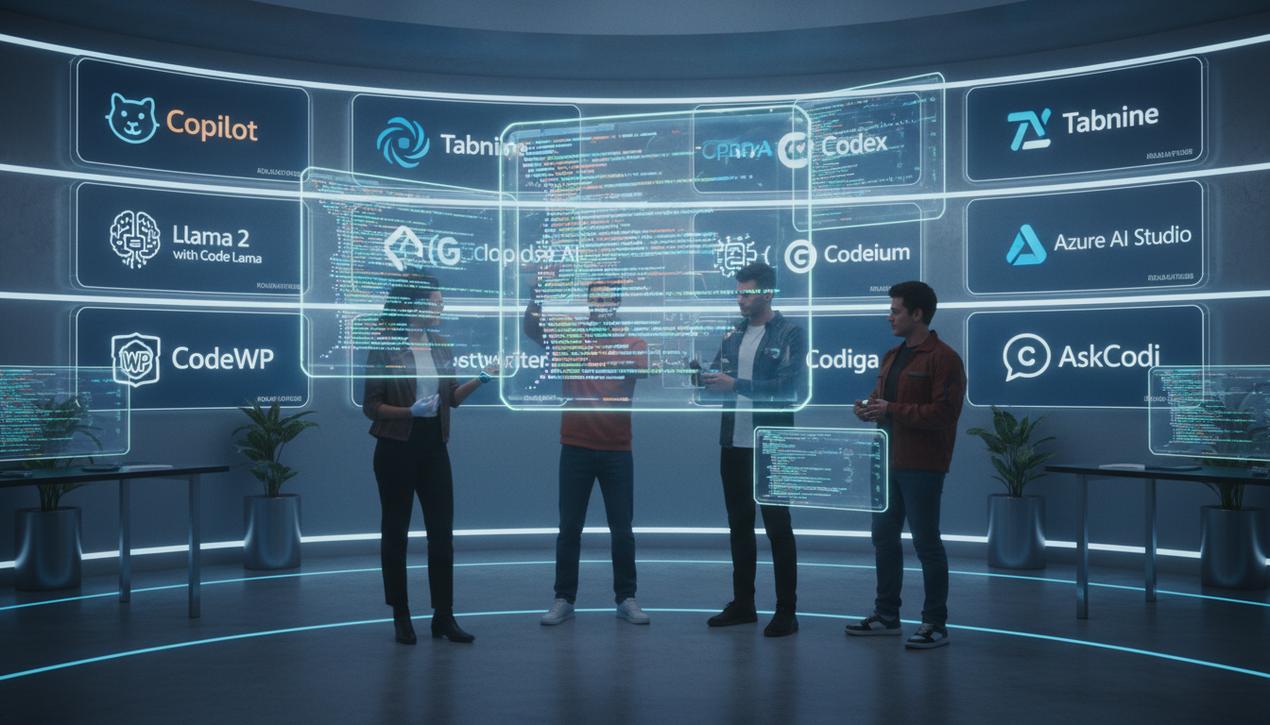 Scène futuriste 2025 montrant développeurs utilisant générateurs de code IA avec écrans holographiques colorés et logos des outils.