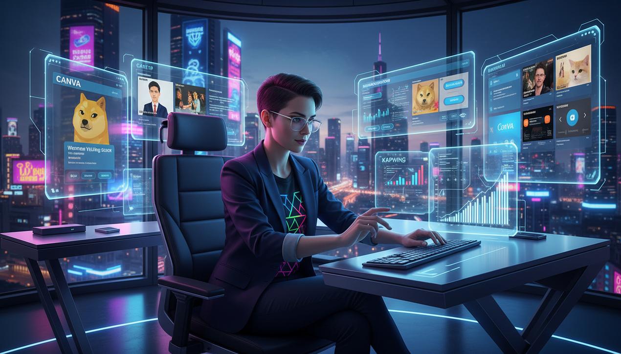Un professionnel du marketing digital dans un bureau futuriste en 2025, utilisant des écrans affichant les meilleurs générateurs de mèmes pour sa stratégie.