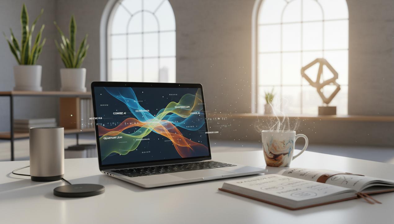 Un bureau moderne en 2025 avec un ordinateur affichant des générateurs de noms d'entreprise alimentés par intelligence artificielle dans un bureau lumineux et innovant.