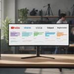 Un bureau moderne avec un écran affichant la comparaison des sept meilleures plateformes d'hébergement vidéo avec logos et graphiques dans un environnement professionnel lumineux.