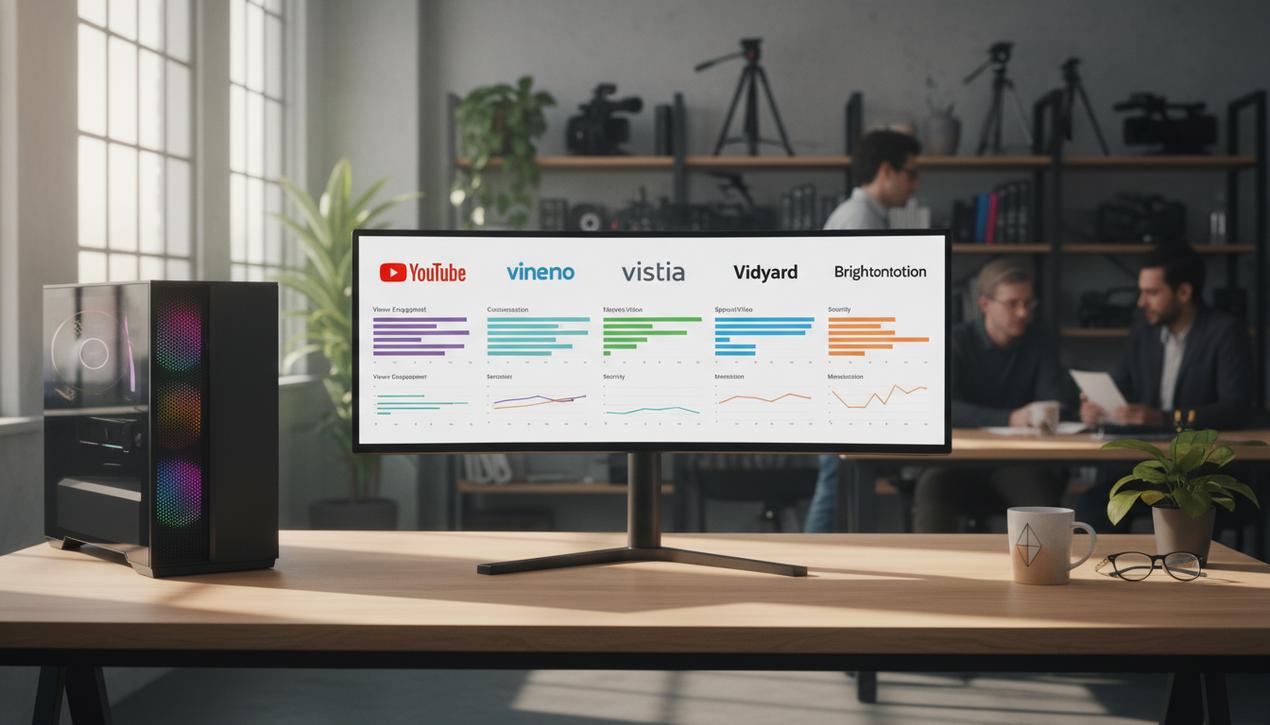 Un bureau moderne avec un écran affichant la comparaison des sept meilleures plateformes d'hébergement vidéo avec logos et graphiques dans un environnement professionnel lumineux.