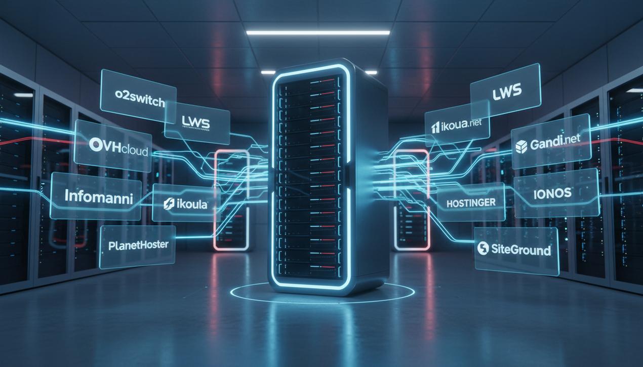 Un datacenter futuriste symbolisant l'hébergement web français, avec un serveur central et les logos des meilleurs hébergeurs pour 2025.