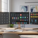 Espace de travail moderne lumineux montrant différents packs d'icônes design pour web en 2025 avec logos des outils et styles variés.