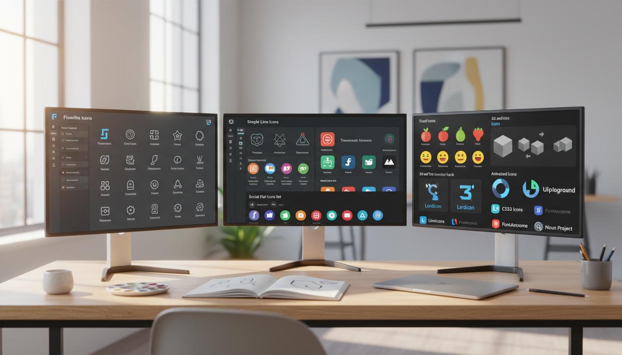 Espace de travail moderne lumineux montrant différents packs d'icônes design pour web en 2025 avec logos des outils et styles variés.