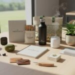 Collection de goodies d'entreprise durables, technologiques et artisanaux, illustrant les tendances marketing 2025 en milieu professionnel.