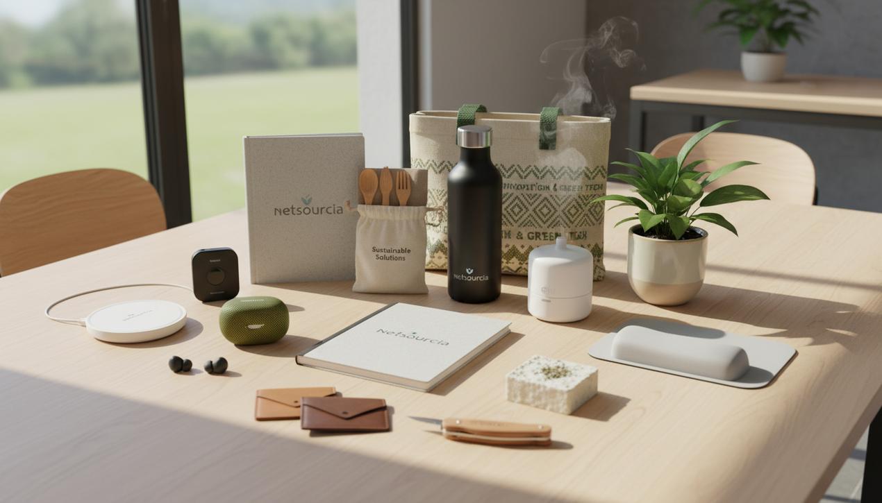 Collection de goodies d'entreprise durables, technologiques et artisanaux, illustrant les tendances marketing 2025 en milieu professionnel.