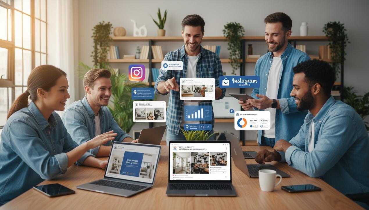 Scène dynamique d'une équipe marketing utilisant Instagram en 2025 pour créer et gérer du contenu varié et engageant au bureau.