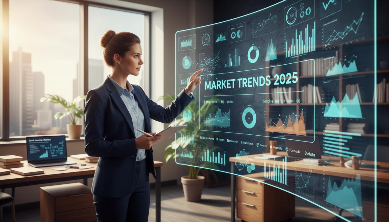 Stratégiste en bureau lumineux analyse les tendances du marché 2025 avec des outils numériques et logos visibles